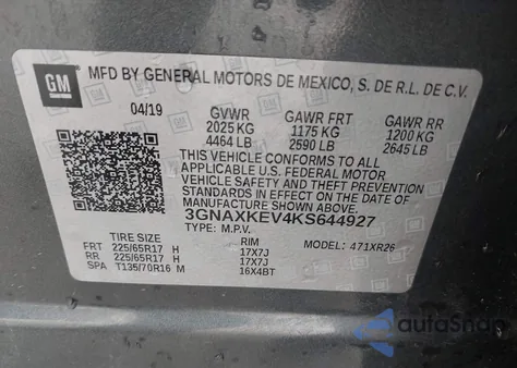 2019 Chevrolet Equinox Lt z USA, uszkodzony, nr VIN 3GNAXKEV4KS644927